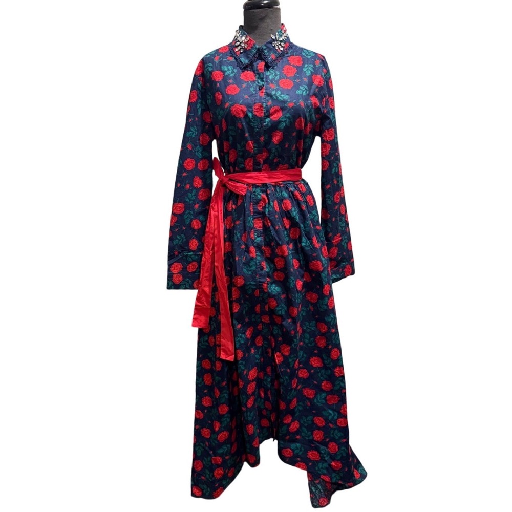 Trish Scully Navy Red Rose Floral Maxi‎ Shirt Dress Rhinestone Collar Cotton S